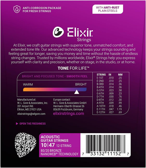 Elixir Strings 11152 Nanoweb 80/20 Acoustic Guitar Strings - .010-.047 Light 12-String