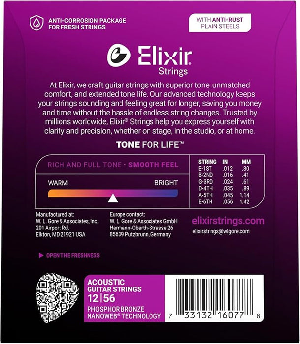 Elixir Strings Nanoweb Phosphor Bronze Acoustic Guitar Strings .012-.056 Medium Light