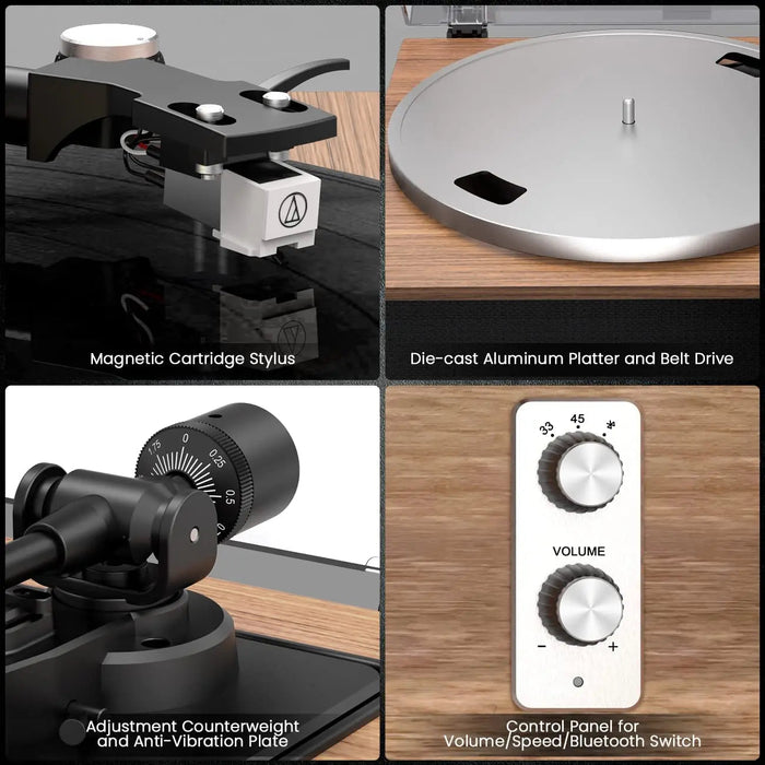 Angels Horn H019 Hi-Fi Bluetooth Turntable with Built-in Speakers (Walnut) AT3600L Catridge, Best Value Buy Beginner Turntable Vinyl Record Player with built-in speakers