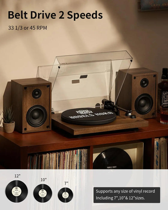 Angels Horn HP-H00501 Walnut Bluetooth Turntable with Hi-Fi Stereo Speakers AT3600L Catridge, Best Value Buy Beginner Turntable Vinyl Record Player