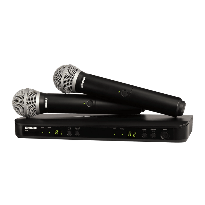 Shure BLX288/PG58 Dual Channel Wireless Handheld Microphone System, BLX88 Dual-Channel Wireless Receiver & (2) BLX2/PG58 Handheld Transmitters