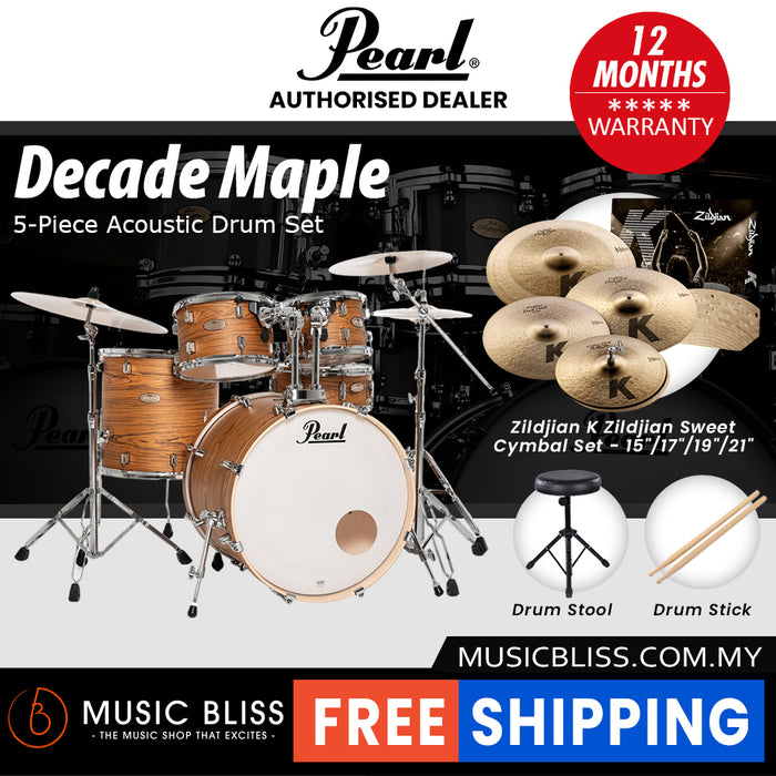 Pearl Decade Maple 5-Piece Drum Set with Hardware, Drumstick and Throne - 22 Inch Bass Drum - Satin Caramel Veil