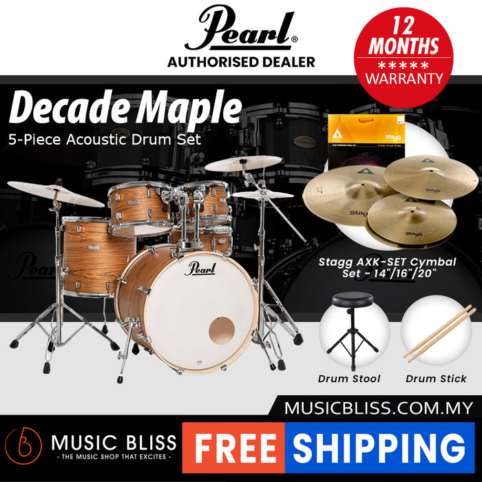 Pearl Decade Maple 5-Piece Drum Set with Hardware, Drumstick and Throne - 22 Inch Bass Drum - Satin Caramel Veil
