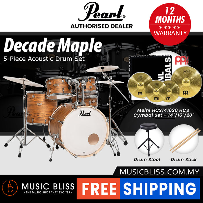 Pearl Decade Maple 5-Piece Drum Set with Hardware, Drumstick and Throne - 22 Inch Bass Drum - Satin Caramel Veil