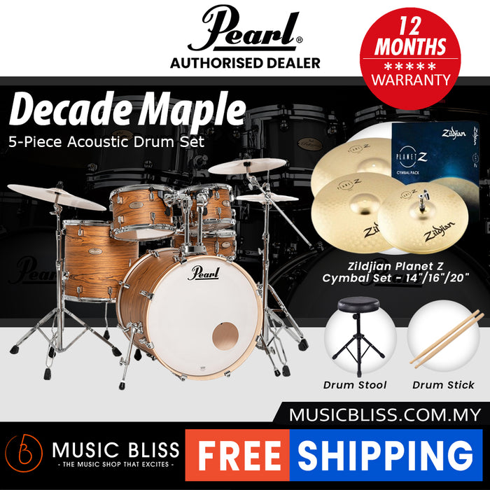 Pearl Decade Maple 5-Piece Drum Set with Hardware, Drumstick and Throne - 22 Inch Bass Drum - Satin Caramel Veil