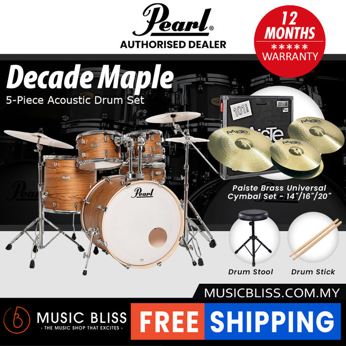 Pearl Decade Maple 5-Piece Drum Set with Hardware, Drumstick and Throne - 22 Inch Bass Drum - Satin Caramel Veil