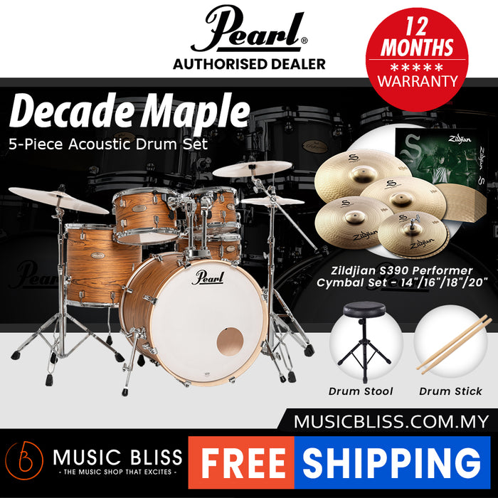 Pearl Decade Maple 5-Piece Drum Set with Hardware, Drumstick and Throne - 22 Inch Bass Drum - Satin Caramel Veil