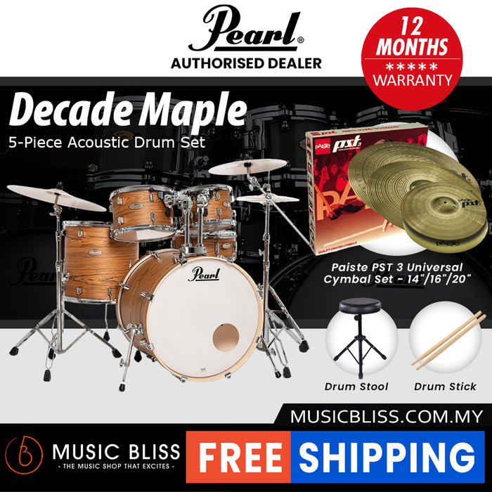 Pearl Decade Maple 5-Piece Drum Set with Hardware, Drumstick and Throne - 22 Inch Bass Drum - Satin Caramel Veil