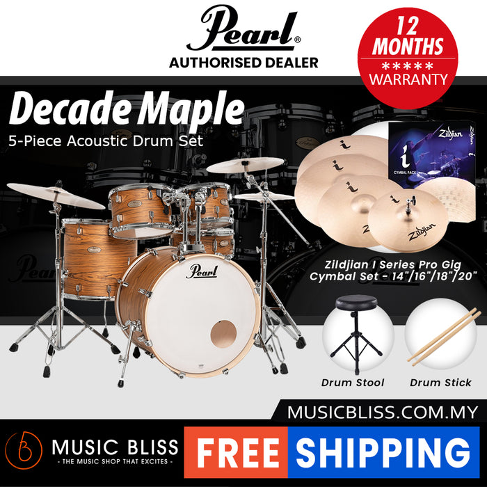 Pearl Decade Maple 5-Piece Drum Set with Hardware, Drumstick and Throne - 22 Inch Bass Drum - Satin Caramel Veil