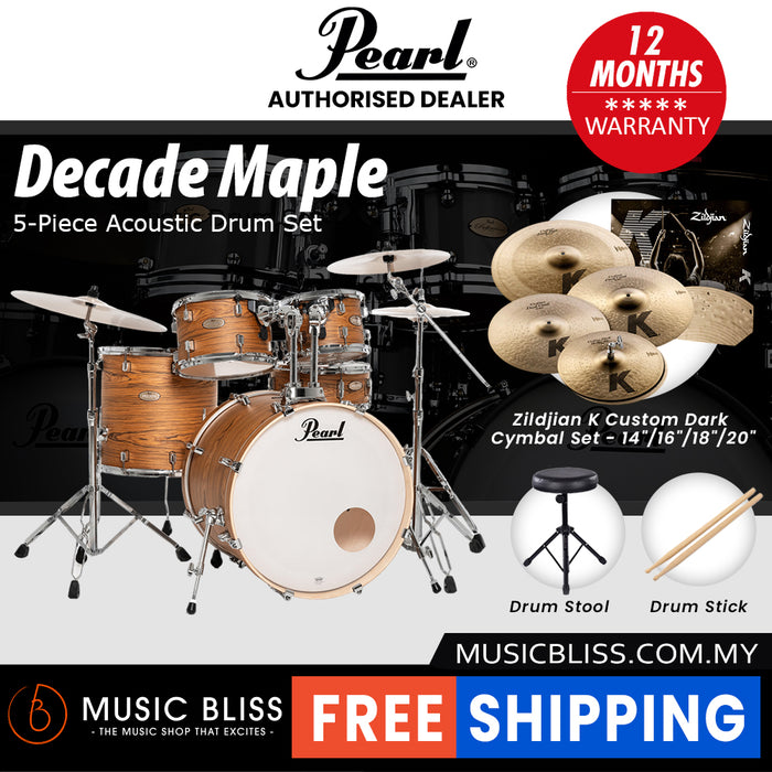 Pearl Decade Maple 5-Piece Drum Set with Hardware, Drumstick and Throne - 22 Inch Bass Drum - Satin Caramel Veil