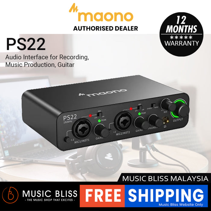 MAONO PS22 Black USB Audio interface for PC with 60 dB Pro-preamp, 24bit/192kHz, Dual USB interface for PC&Smartphone, Routing Software for Home Recording, Music Production, Guitar, Podcast, Streaming