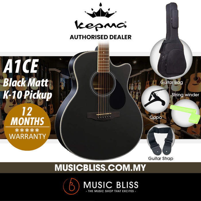 KEPMA A1CE Grand Auditorium Acoustic Guitar with K-10 Pickup - Black Matt - Music Bliss Malaysia