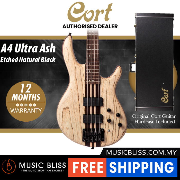 Cort A4 Ultra Ash Electric Bass Guitar with Guitar Hardcase - Etched Natural Black