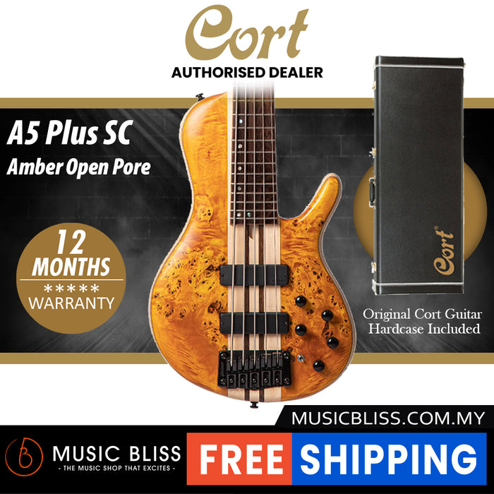 Cort A5 Plus SC Electric Bass Guitar with Guitar Hardcase - Amber Open Pore