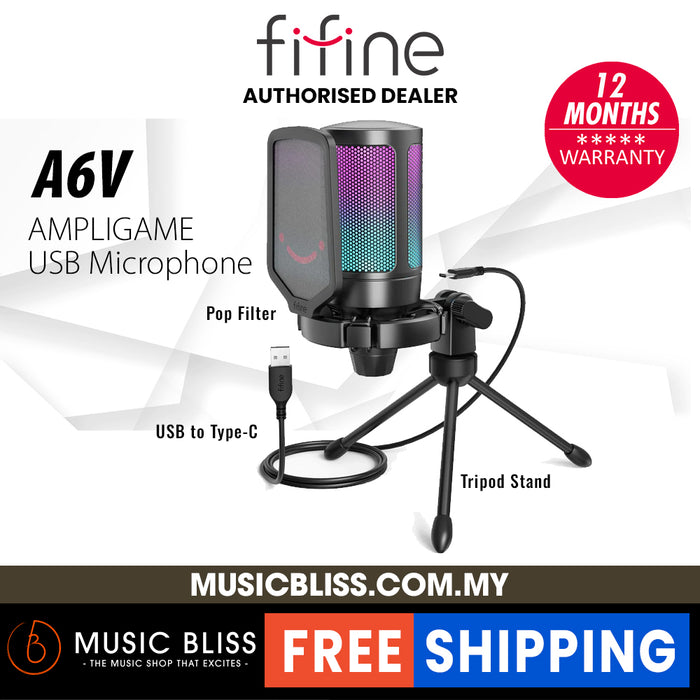FIFINE A6V Gaming USB Microphone, FIFINE Condenser Mic with Quick Mute, RGB Indicator, Tripod Stand, Pop Filter, Shock Mount,  for PC, Playstation, Streaming Discord Twitch Podcasts Videos - Music Bliss Malaysia