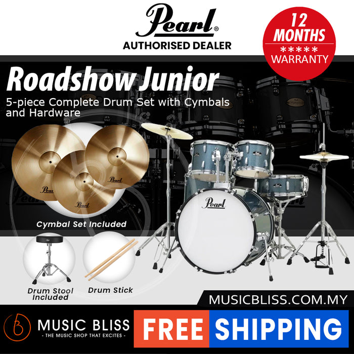 Pearl Roadshow Junior 5-piece Complete Drum Set with Cymbals and Hardware - Aqua Blue Glitter