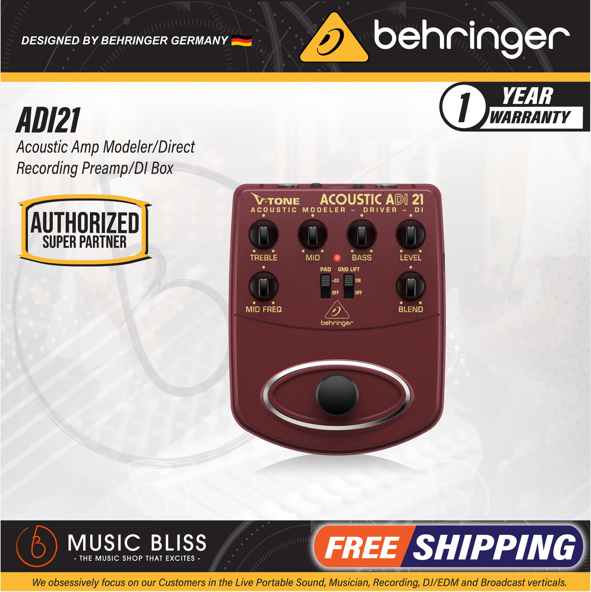 Behringer ADI21 V-Tone Acoustic Driver DI Pedal (ADI-21 / ADI 21 ...