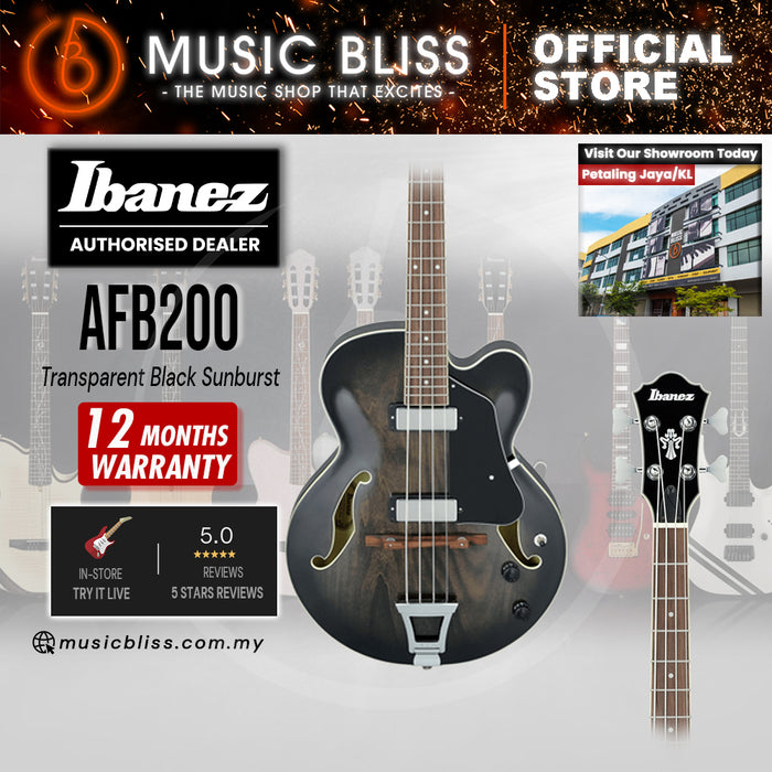 Ibanez Artcore AFB200 Hollowbody Electric Bass Guitar - Transparent Black Sunburst