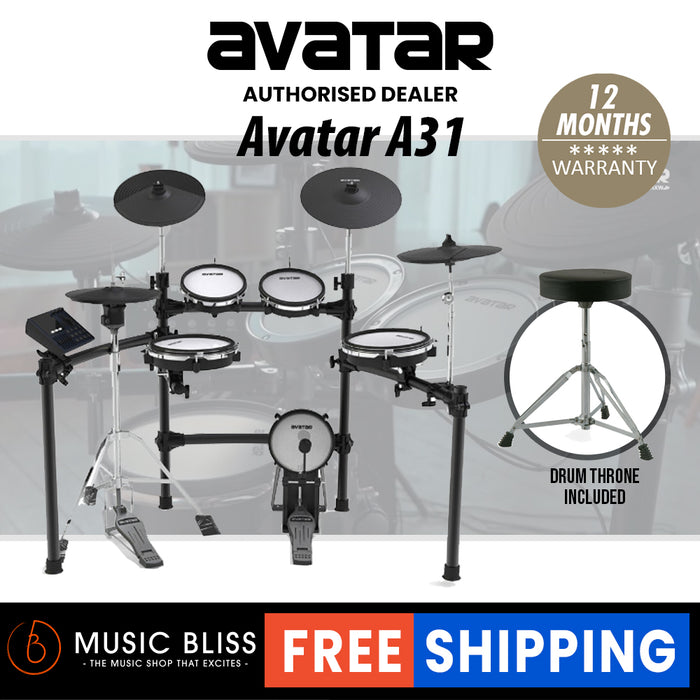 Avatar A31 9-Piece Mesh Kit Electric Drum Set (5pcs Drum Pad, 3pcs Cymbal Pad) with Drum Throne - Music Bliss Malaysia