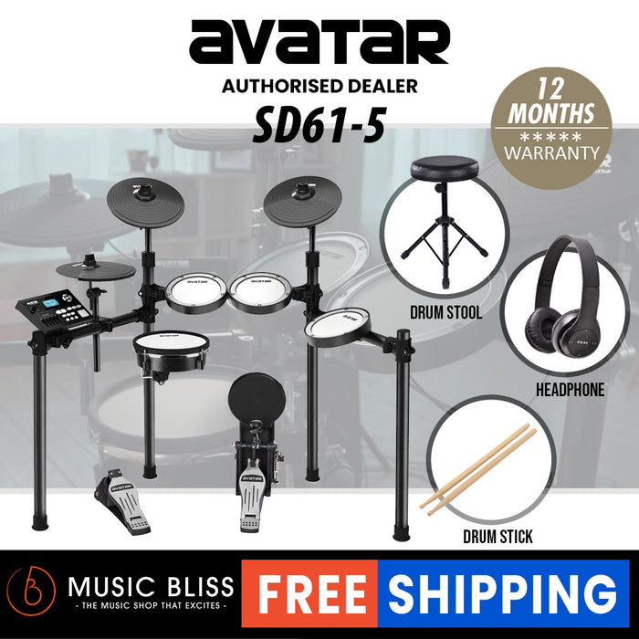Avatar SD61-5 8-Piece Mesh Kit Electric Drum Set (5pcs Drum Pad, 3pcs Cymbal Pad) with Free Amplifier, Headphone, Drum Throne & Drumstick