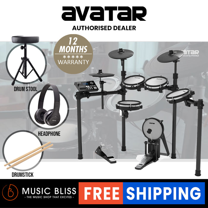 Avatar SD61-6 8-Piece Mesh Kit Electric Drum Set (5pcs Drum Pad, 3pcs Cymbal Pad) with FREE Headphone, Drum Throne & Drumstick - Music Bliss Malaysia