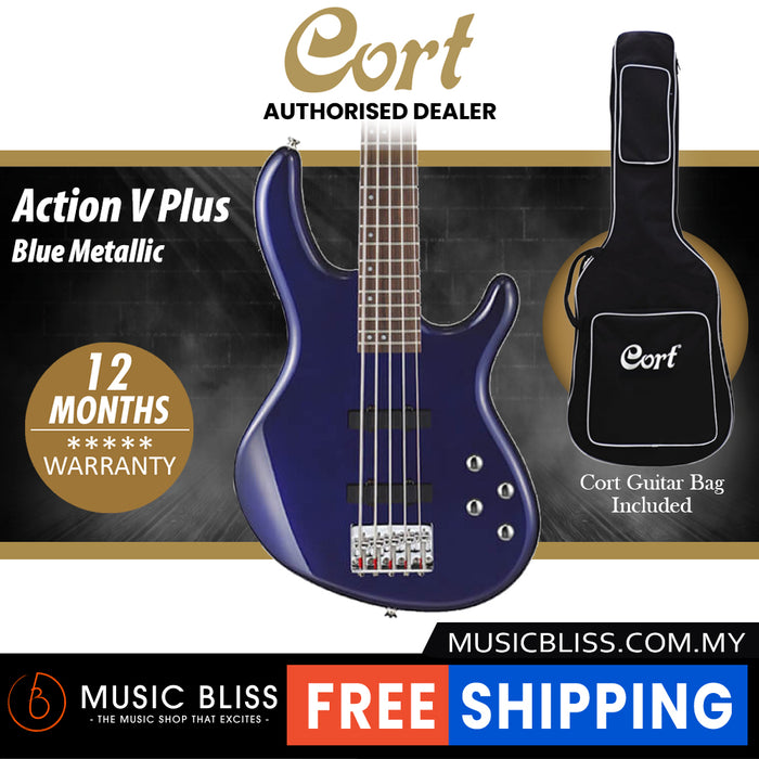 Cort Action Bass V Plus Bass Guitar with Bag - Blue Metallic