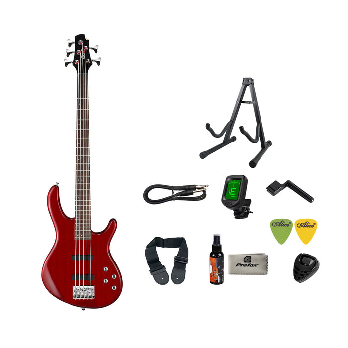 Cort Action Bass V Plus Bass Guitar with Bag - Trans Red