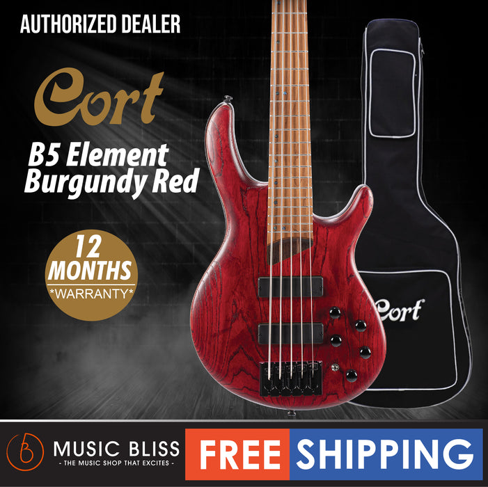 Cort B-5 Element 5-String Bass Guitar with Bag - Open Pore Burgundy Red - Music Bliss Malaysia