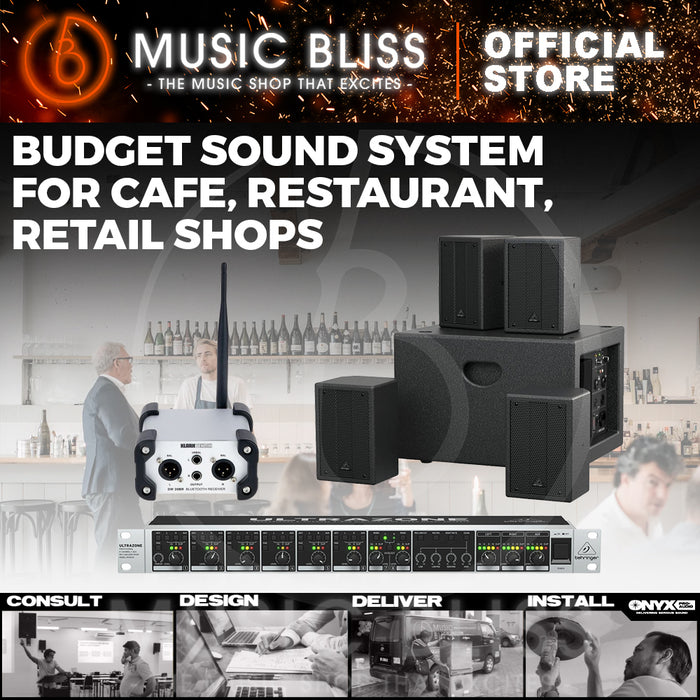 Budget Sound System for Cafe, Restaurant, Retail Shops with Behringer ZMX8210V2 Rackmount Mixer, SAT1004 Bundle Subwoofer and Klark Teknik DW20BR Bluetooth Receiver