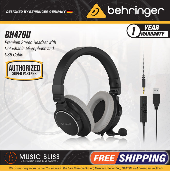 Behringer BH470U Premium Stereo Headset with Detachable Microphone and USB Cable - Music Bliss Malaysia