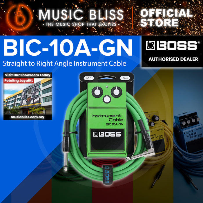 Boss BIC-10A Straight to Right Angle Instrument Cable, 10 foot - Green