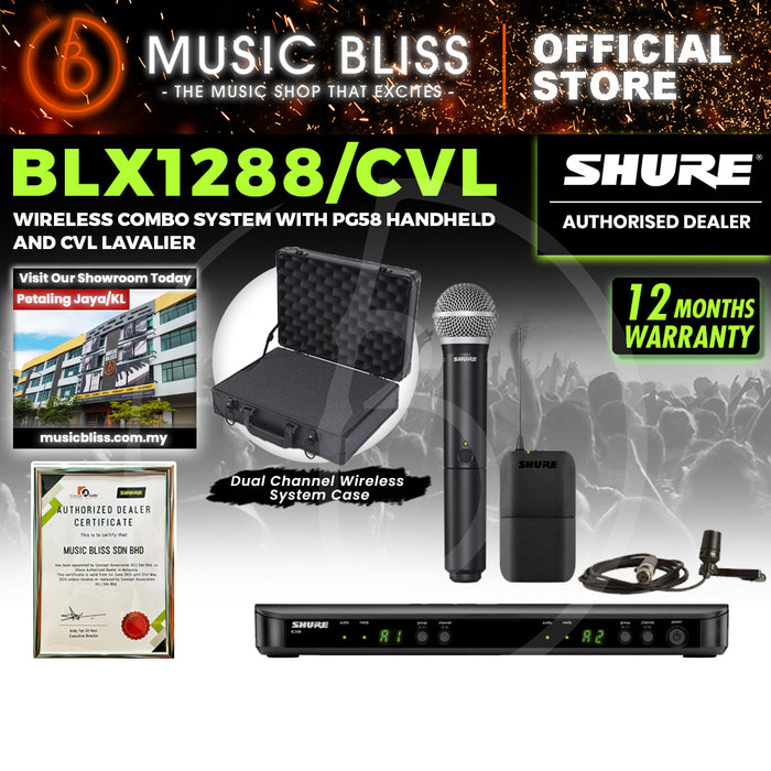 Shure BLX1288/CVL Dual Channel Combo Wireless System, BLX88 Receiver, BLX1 Bodypack Transmitter, BLX2/PG58 Handheld Cardioid Dynamic Mic & CVL Cardioid Condenser Lavalier Mic
