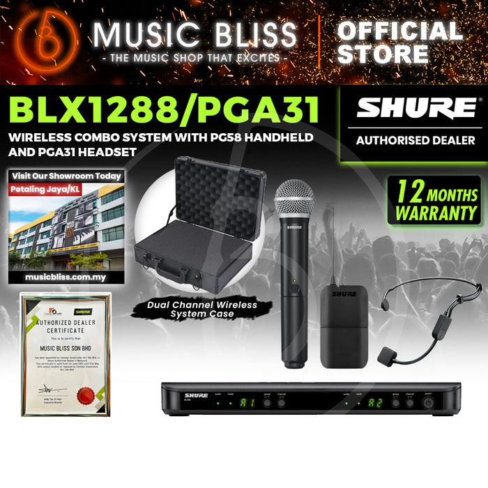 Shure BLX1288/P31 Dual Channel Combo Wireless System, BLX88 Receiver, BLX1 Bodypack Transmitter, BLX2/PG58 Handheld Cardioid Dynamic Mic & PG31 Cardioid Condenser Headset Mic