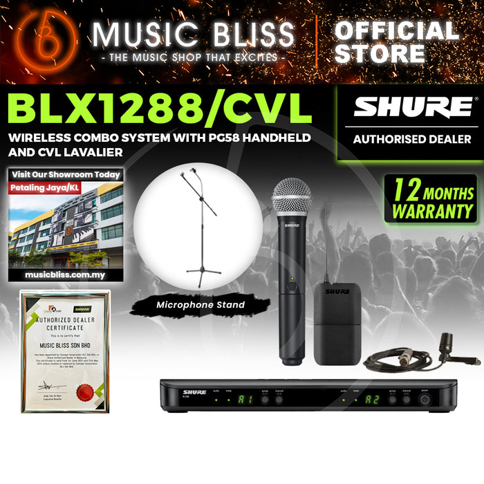 Shure BLX1288/CVL Dual Channel Combo Wireless System, BLX88 Receiver, BLX1 Bodypack Transmitter, BLX2/PG58 Handheld Cardioid Dynamic Mic & CVL Cardioid Condenser Lavalier Mic