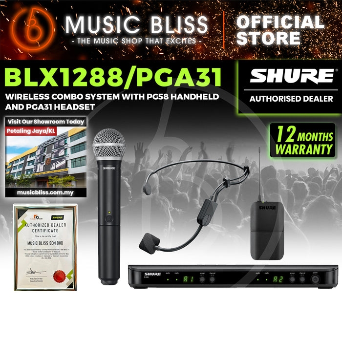 Shure BLX1288/P31 Dual Channel Combo Wireless System, BLX88 Receiver, BLX1 Bodypack Transmitter, BLX2/PG58 Handheld Cardioid Dynamic Mic & PG31 Cardioid Condenser Headset Mic