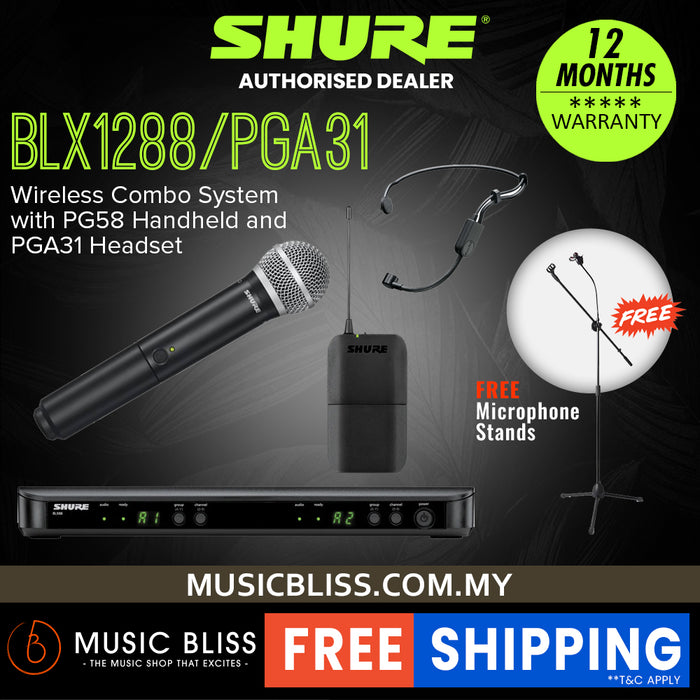 Shure BLX1288/P31 Dual Channel Combo Wireless System, BLX88 Receiver, BLX1 Bodypack Transmitter, BLX2/PG58 Handheld Cardioid Dynamic Mic & PG31 Cardioid Condenser Headset Mic