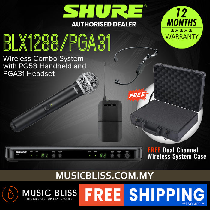 Shure BLX1288/P31 Dual Channel Combo Wireless System, BLX88 Receiver, BLX1 Bodypack Transmitter, BLX2/PG58 Handheld Cardioid Dynamic Mic & PG31 Cardioid Condenser Headset Mic