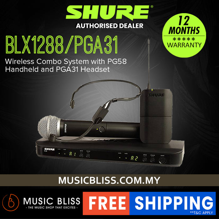 Shure BLX1288/P31 Dual Channel Combo Wireless System, BLX88 Receiver, BLX1 Bodypack Transmitter, BLX2/PG58 Handheld Cardioid Dynamic Mic & PG31 Cardioid Condenser Headset Mic