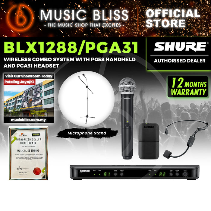 Shure BLX1288/P31 Dual Channel Combo Wireless System, BLX88 Receiver, BLX1 Bodypack Transmitter, BLX2/PG58 Handheld Cardioid Dynamic Mic & PG31 Cardioid Condenser Headset Mic