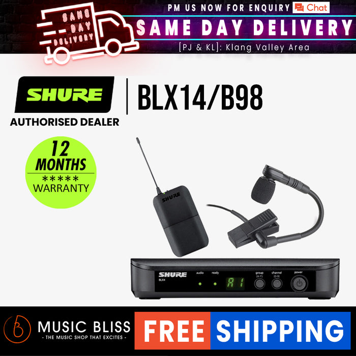 Shure BLX14/B98 Instrument Wireless System, BLX4 Receiver, BLX1 Bodypack Transmitter & Beta 98H/C Cardioid Condenser Microphone - Music Bliss Malaysia