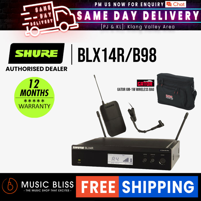 Shure BLX14R/B98 Instrument Wireless System, BLX4R Wireless Receiver, BLX1 Bodypack Transmitter & WB98H/C BETA 98 Clip-On Condenser Microphone - Music Bliss Malaysia