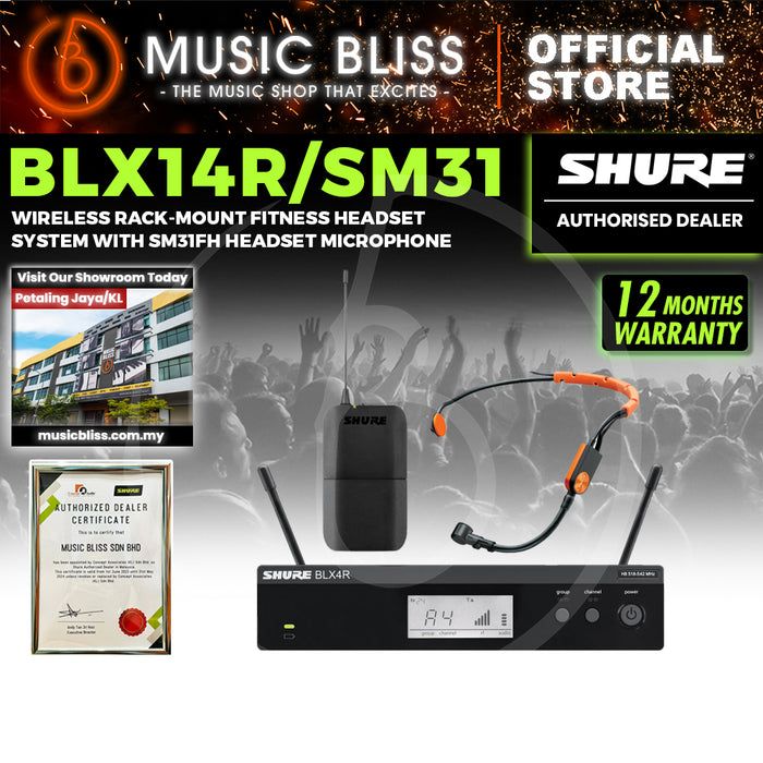 Shure BLX14R/SM31 Wireless Rack-mount Presenter System, BLX4R Wireless Receiver, BLX1 Bodypack Transmitter & SM31FH Headset Microphone
