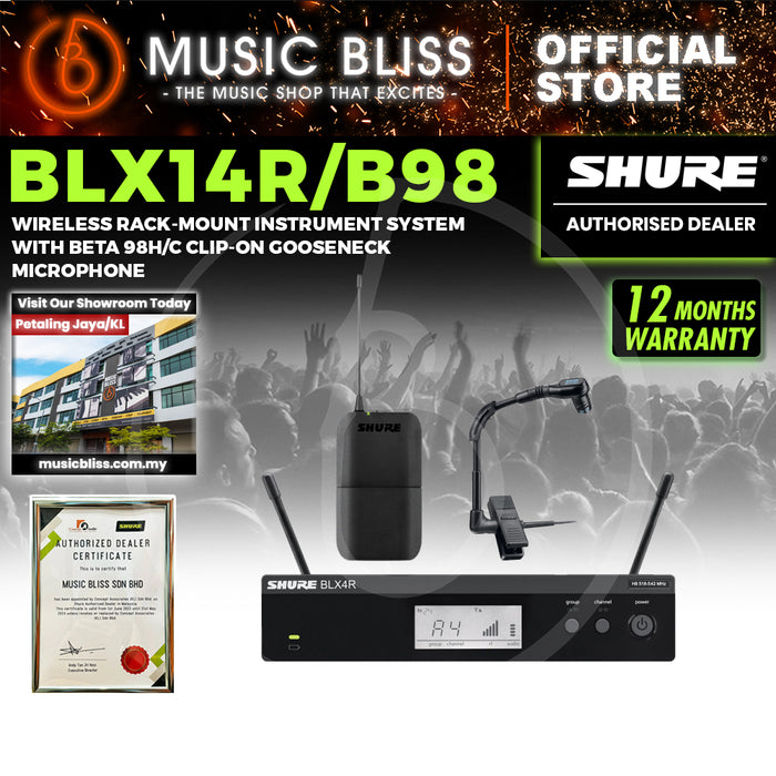 Shure BLX14R/B98 Instrument Wireless System, BLX4R Wireless Receiver, BLX1 Bodypack Transmitter & WB98H/C BETA 98 Clip-On Condenser Microphone