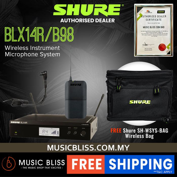 Shure BLX14R/B98 Instrument Wireless System, BLX4R Wireless Receiver, BLX1 Bodypack Transmitter & WB98H/C BETA 98 Clip-On Condenser Microphone