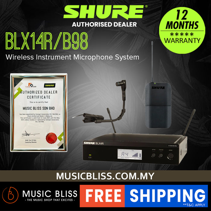 Shure BLX14R/B98 Instrument Wireless System, BLX4R Wireless Receiver, BLX1 Bodypack Transmitter & WB98H/C BETA 98 Clip-On Condenser Microphone
