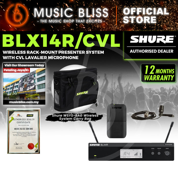 Shure BLX14R/CVL Wireless Rack-mount Presenter System, BLX4R Wireless Receiver, BLX1 Bodypack Transmitter & CVL Lavalier Microphone