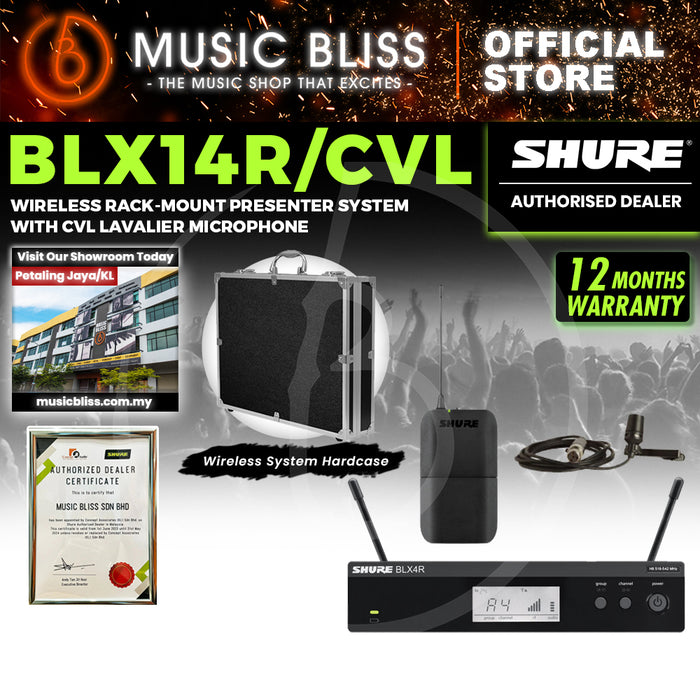 Shure BLX14R/CVL Wireless Rack-mount Presenter System, BLX4R Wireless Receiver, BLX1 Bodypack Transmitter & CVL Lavalier Microphone