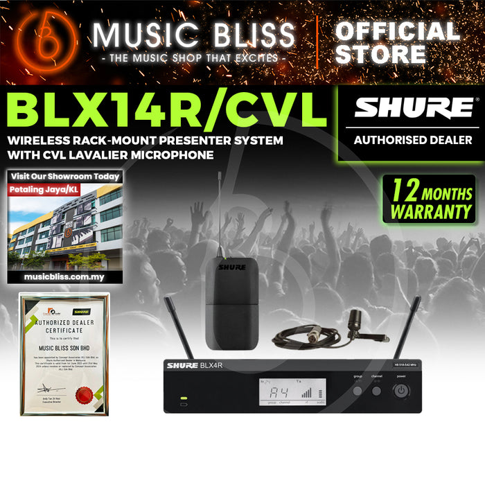 Shure BLX14R/CVL Wireless Rack-mount Presenter System, BLX4R Wireless Receiver, BLX1 Bodypack Transmitter & CVL Lavalier Microphone