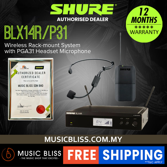 Shure BLX14R/P31 Headworn Wireless Microphone System, BLX4R Wireless Receiver, BLX1 Bodypack Transmitter & PGA31 Headset Microphone