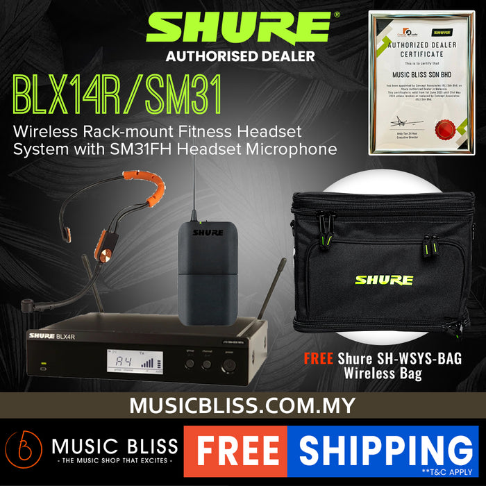 Shure BLX14R/SM31 Wireless Rack-mount Presenter System, BLX4R Wireless Receiver, BLX1 Bodypack Transmitter & SM31FH Headset Microphone